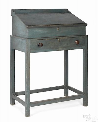 Connecticut painted pine schoolmaster's desk, 19th c., retaining a pristine original blue surface