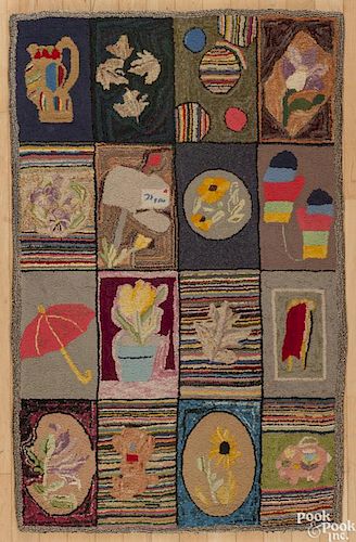 Pennsylvania hooked rug, 20th c., with sixteen panels of various scenes, including mittens
