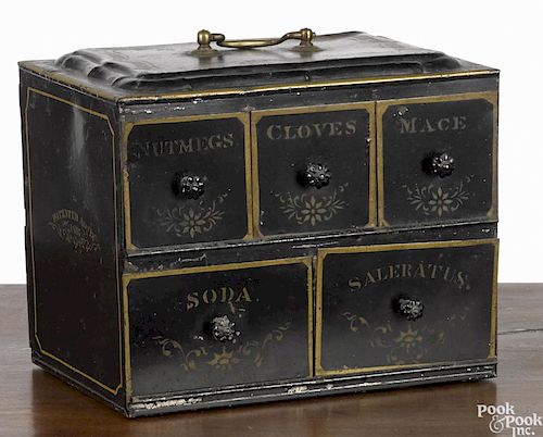Painted tin spice box, pat. 1867, with double-sided labeled drawers, 7 1/2'' h., 9 1/2'' w.