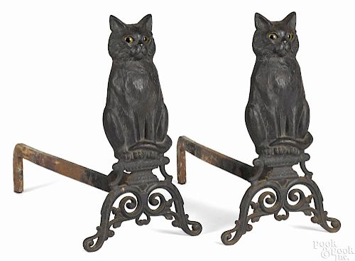 Pair of Peck, Stow, and Wilcox, Southington, Connecticut cast iron cat andirons, late 19th c.