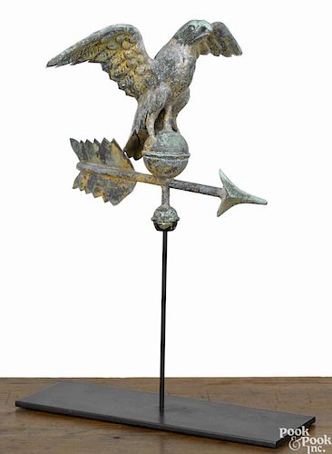 Diminutive copper eagle weathervane, late 19th c., retaining an old gilt and verdigris surface