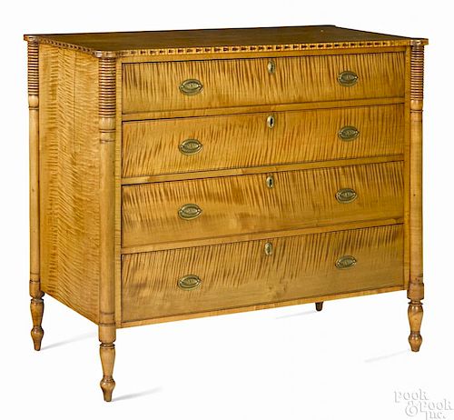 New England Sheraton tiger maple chest of drawers, ca. 1815, the top with ovolo corners