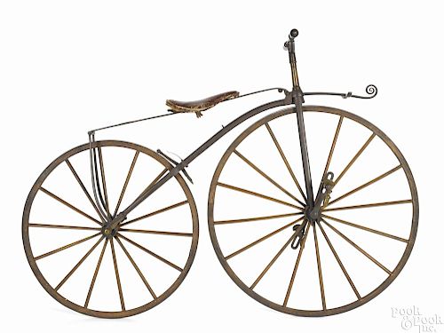 Rare American bone shaker bicycle, ca. 1870, labeled by Wood Bros. Broadway, New York, 48'' h.