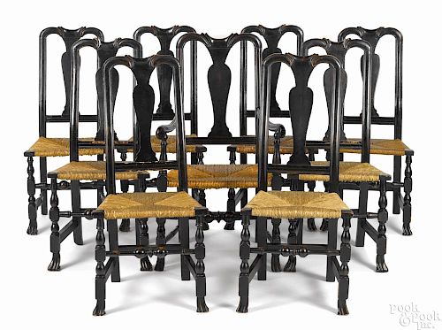 Assembled set of nine Queen Anne painted rush seat dining chairs, 18th c., to include one armchair