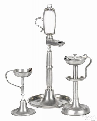 Two Continental pewter fat lamps, 19th c., 6'' h. and 8 1/4'' h.