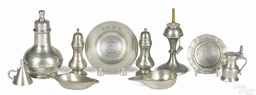 Pewter accessories, 19th c., including several miniatures, tallest - 6''.