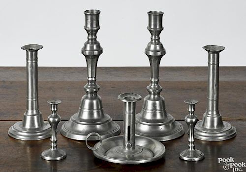 Seven pewter candlesticks, 19th/early 20th c., tallest - 9 3/4''.
