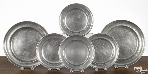 Six American pewter plates, 19th c., to include two examples by Thomas Danforth, one by Love