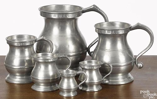 Six graduated English pewter measures, 19th c., tallest - 6''.