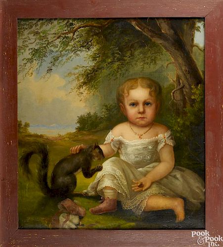 Oil on canvas folk portrait, mid 19th c., of a child feeding a squirrel, 31'' x 27 1/2''.