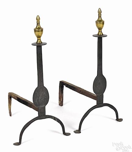 Pair of Federal brass and iron knife blade andirons, ca. 1790, 22'' h.