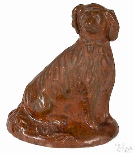Pennsylvania redware spaniel, 19th c., inscribed on underside Max 11 years today, 5 3/4'' h.