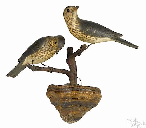 Pair of carved and painted birds on a fungus perch, ca. 1900, 10 1/2'' h.