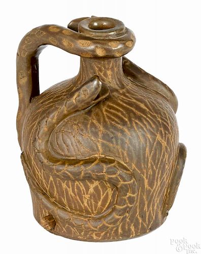 Stoneware Temperance jug, late 19th c., probably Midwest, with applied snakes, 5 1/4'' h.