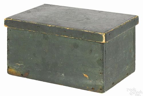 Painted pine box, dated 1881, retaining its original green surface, 7'' h., 13 1/2'' w., 9'' d.
