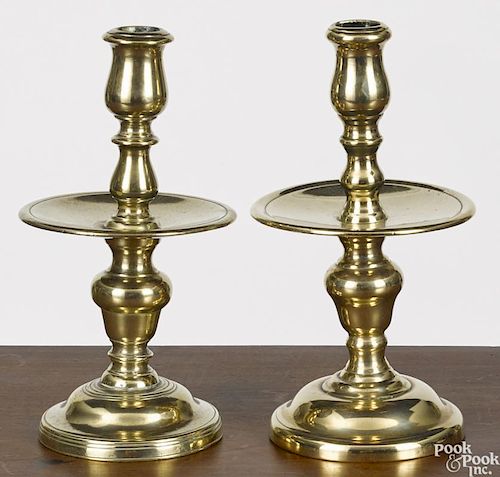 Two Dutch brass heemskirk candlesticks, 17th c., 8'' h.