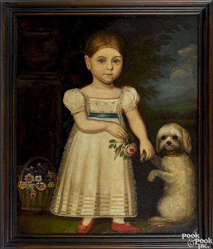 American oil on canvas folk portrait, ca. 1840, of a girl and dog, 30'' x 25''.