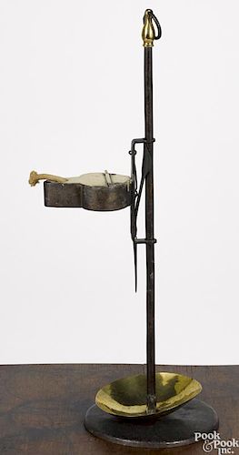 Brass and iron adjustable fat lamp, early 19th c., with a drip pan, 20'' h.