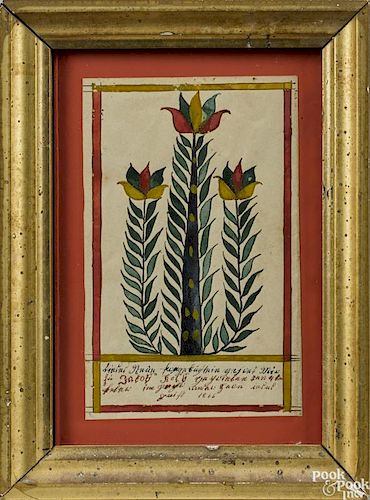 Vibrant Bucks County, Pennsylvania ink and watercolor fraktur bookplate, dated 1866