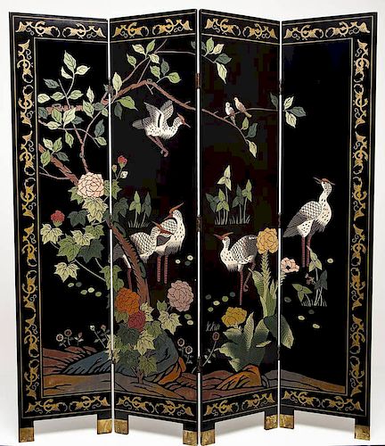 Chinese 4 Panel Lacquered Screen