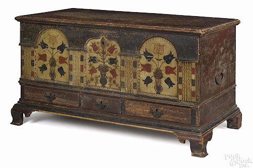 Important Lancaster County, Pennsylvania painted poplar architectural dower chest, dated 1795