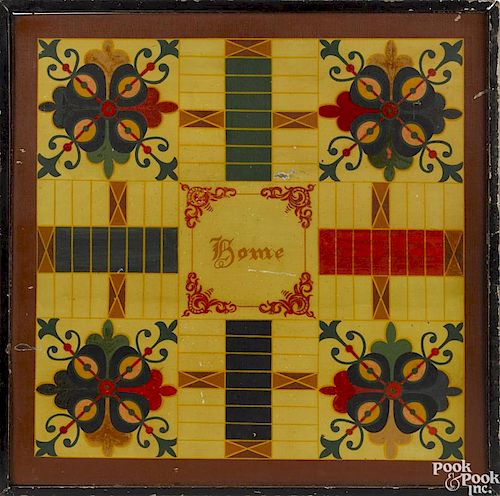 Painted pine double-sided Parcheesi gameboard, 19th c., the reverse with checkers, 20'' x 20''.