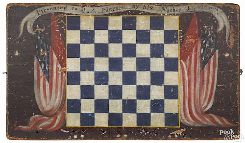 New England painted pine sailor's gameboard, inscribed Presented to B. A. Merrill by his Father
