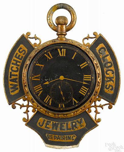 Elaborate painted zinc clock and jewelry trade sign, 19th c., 25 1/4'' x 20 1/4''.