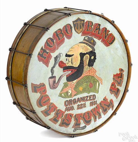 Painted Hobo Band drum, Pottstown, Pennsylvania, dated 1931, signed E. S. Howard, 32 1/2'' dia.