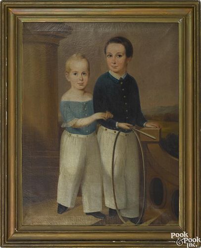 Oil on canvas folk portrait of two children, ca. 1850, the older holding a hoop, 46'' x 36''.