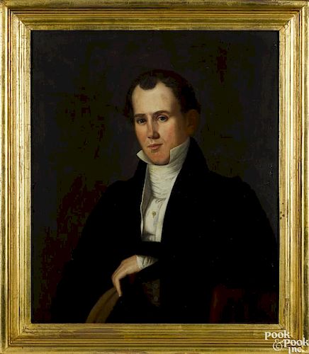 American oil on panel portrait of a young man, ca. 1840, 26'' x 22''. Provenance: New Jersey estate.