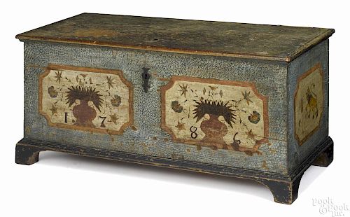 Pennsylvania German painted pine dower chest, dated 1786, with overall blue sponged decoration