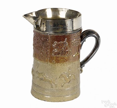 English salt glazed brownstone silver-mounted jug, dated 1737, from the Fulham Factory