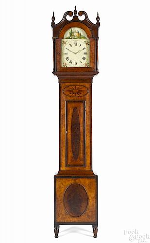 Pittsburgh, Pennsylvania area tall case clock, ca. 1825, with a broken arch bonnet, turned feet