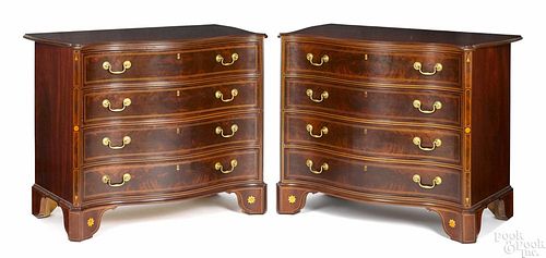 Pair of Irion & Co. inlaid mahogany serpentine front chests of drawers, 34 1/4'' h., 37 1/4'' w.