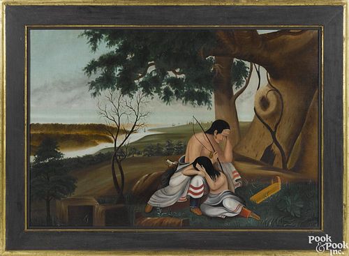 American oil on canvas landscape, 19th c., with a Native American family in mourning, 31'' x 45''.