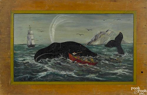 Albert Abelt (Cumberland County, Pennsylvania 1913-1964), painted pine panel of a whaling scene