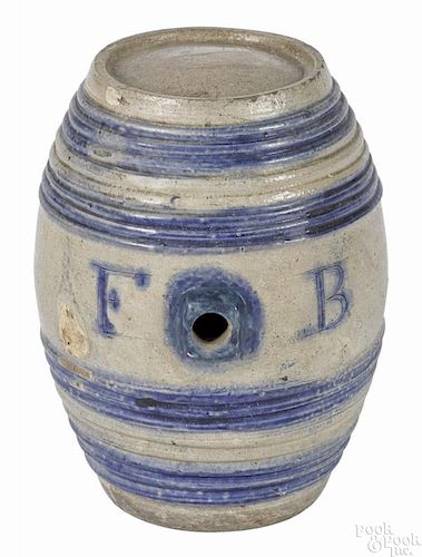 Stoneware keg or rundlet, early 19th c., probably New York, with cobalt bands and incised initials
