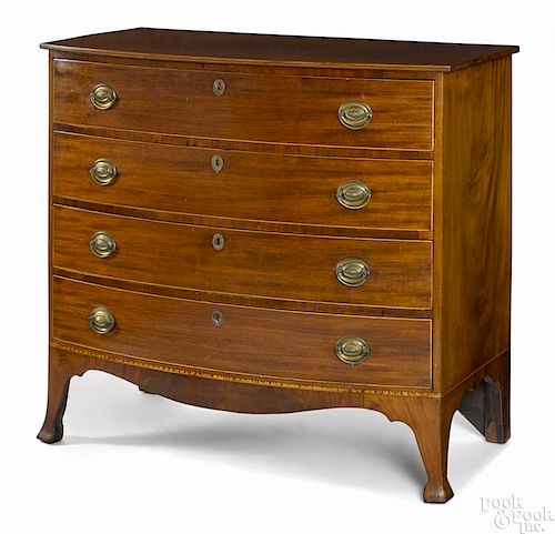 Massachusetts Federal mahogany bowfront chest of drawers, ca. 1805, with lunette inlaid apron
