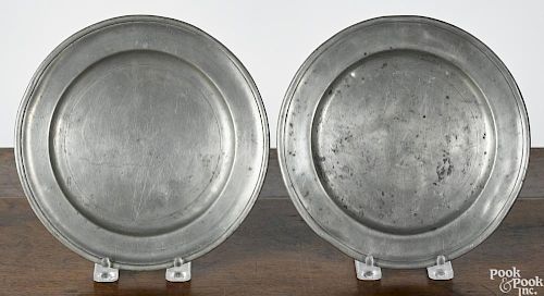Two Hartford, Connecticut pewter plates, ca. 1790, bearing the touch of Edward Danforth, 8'' dia.