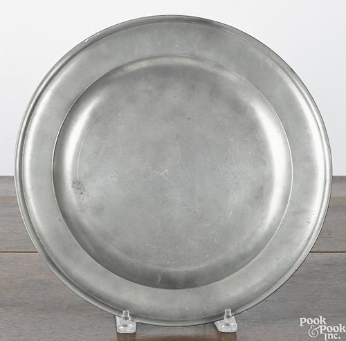 Boston pewter charger, ca. 1800, bearing the touch of Thomas Badger, 13 3/8'' dia.