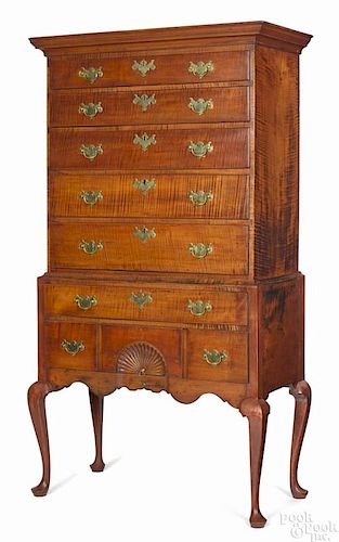 New England Queen Anne tiger maple high chest, ca. 1770, 72 1/4'' h., 37 1/2'' w.