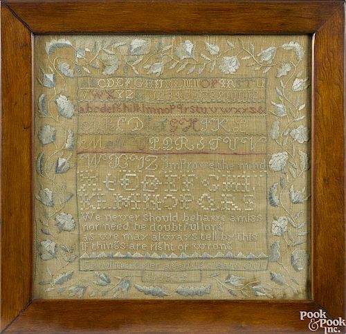 New England silk on linen sampler, dated 1834, wrought by Caroline Ayer, 15 1/2'' x 16''.