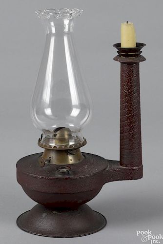 Painted tin combination oil lamp candleholder, 19th c., with an old red surface, 11 1/4'' h.