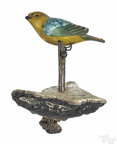 Carved and painted songbird on fungus perch, attributed to George Miller, Upper Black Eddy