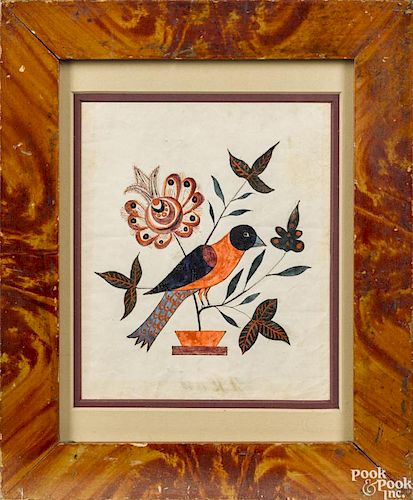 Jonas Kriebel (Southeastern Pennsylvania 1824-1906), ink and watercolor fraktur of a bird