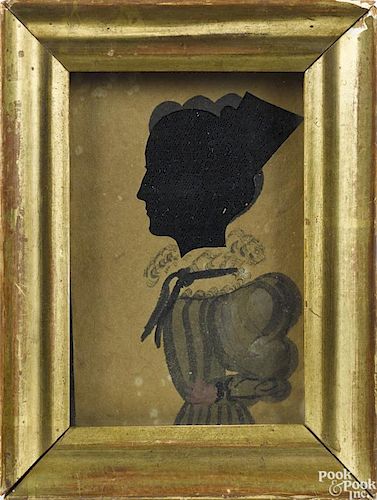 Puffy sleeve artist, New England, early 19th c., watercolor and hollowcut silhouette of a woman