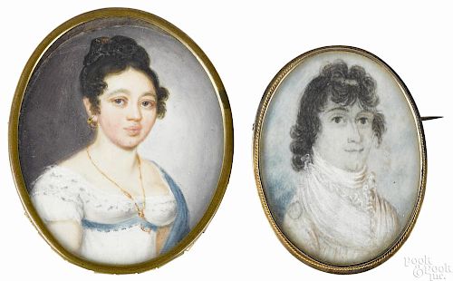 Two miniature watercolor on ivory female portraits, the larger inscribed Elizabeth Willson Taylor