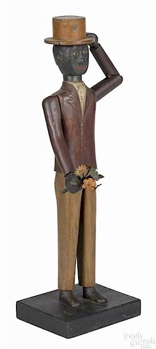 Carved and painted mechanical figure of an African American gentleman, late 19th c., with a lever