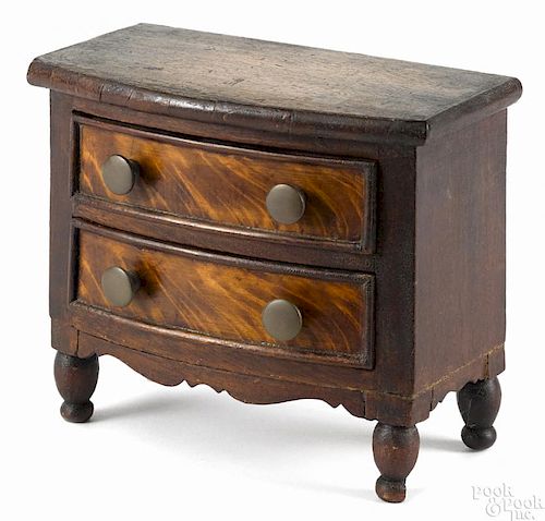 Miniature New England Sheraton mahogany and maple bowfront chest of drawers, ca. 1825, 5 1/4'' h.